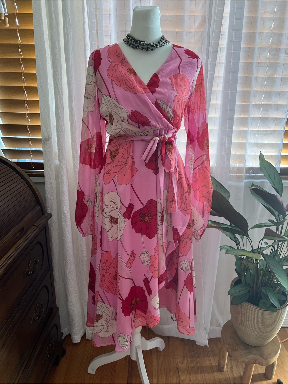 Express Pink Floral Wrap Midi Dress